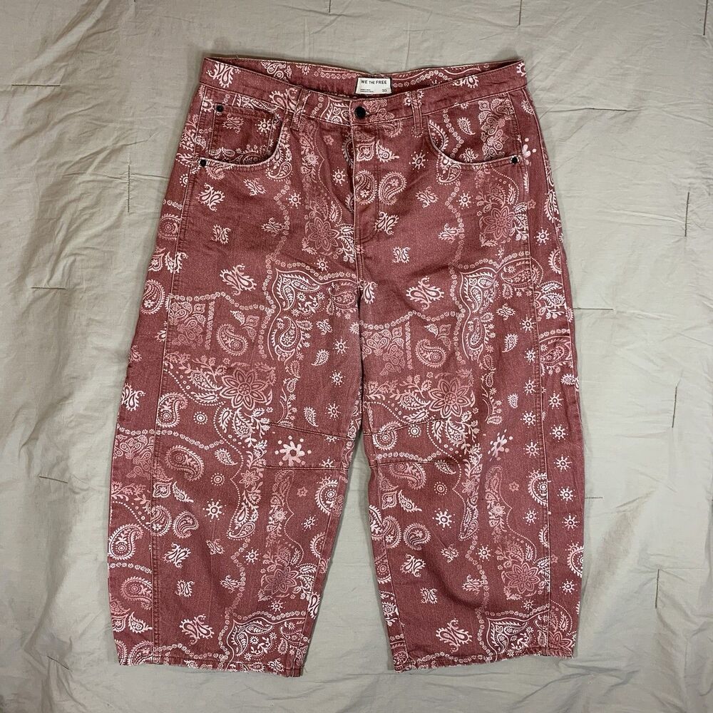 Free People Good Luck Printed Barrel Jeans Womens 33 Short Red Paisley Bandana